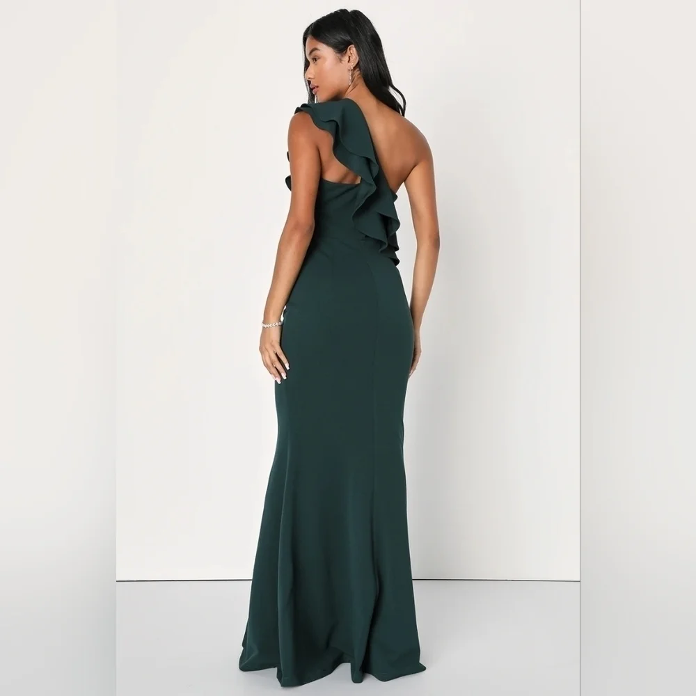 Lulus Grand Beauty Emerald Ruffled One-Shoulder Mermaid Maxi Dress M Wedding